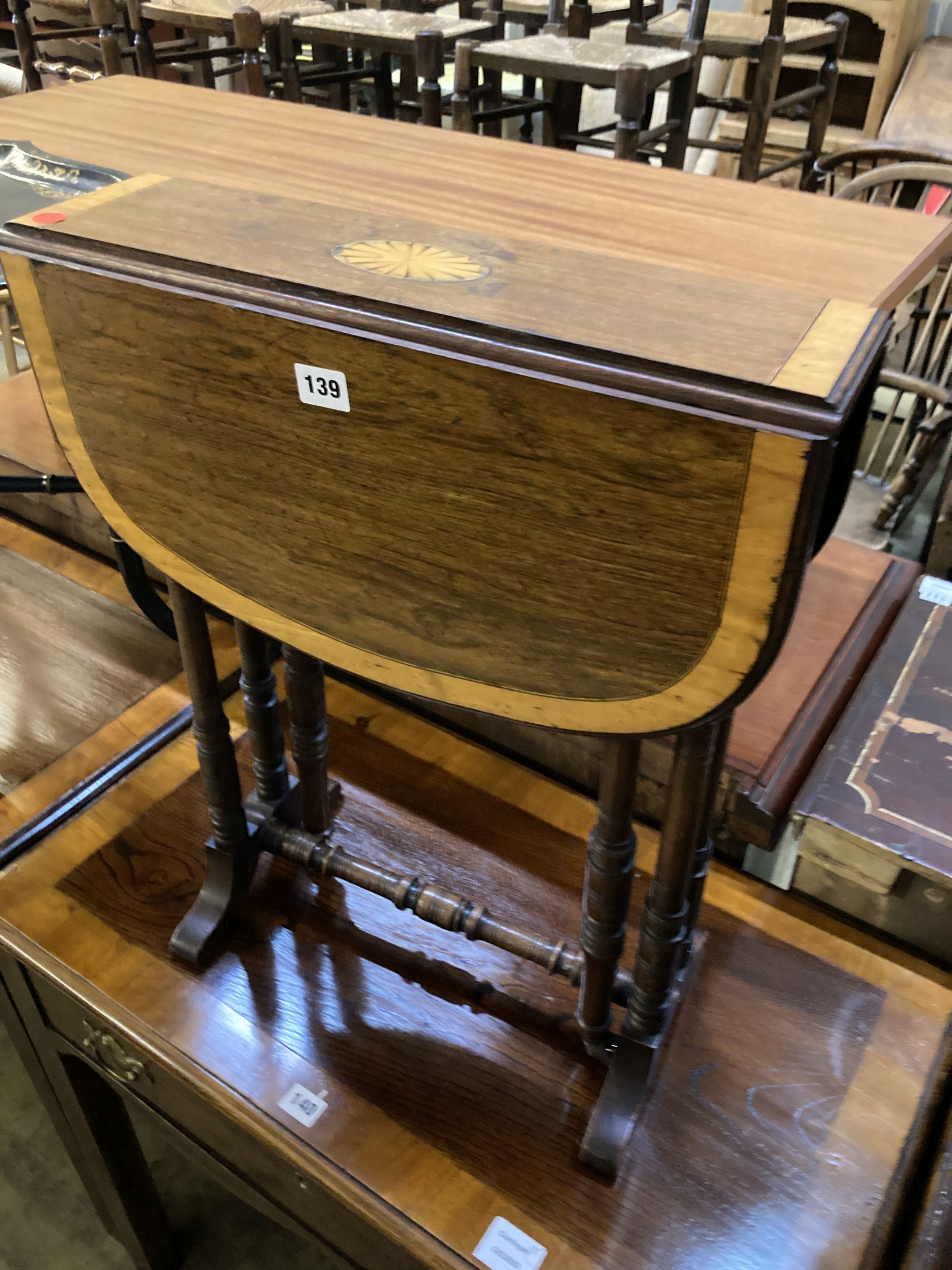 A small Victorian papier mache tray top table, width 64cm, depth 50cm, height 50cm together with an Edwardian inlaid Sutherland table